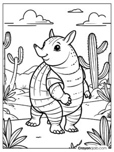 Armadillo with cacti in desert coloring page ca