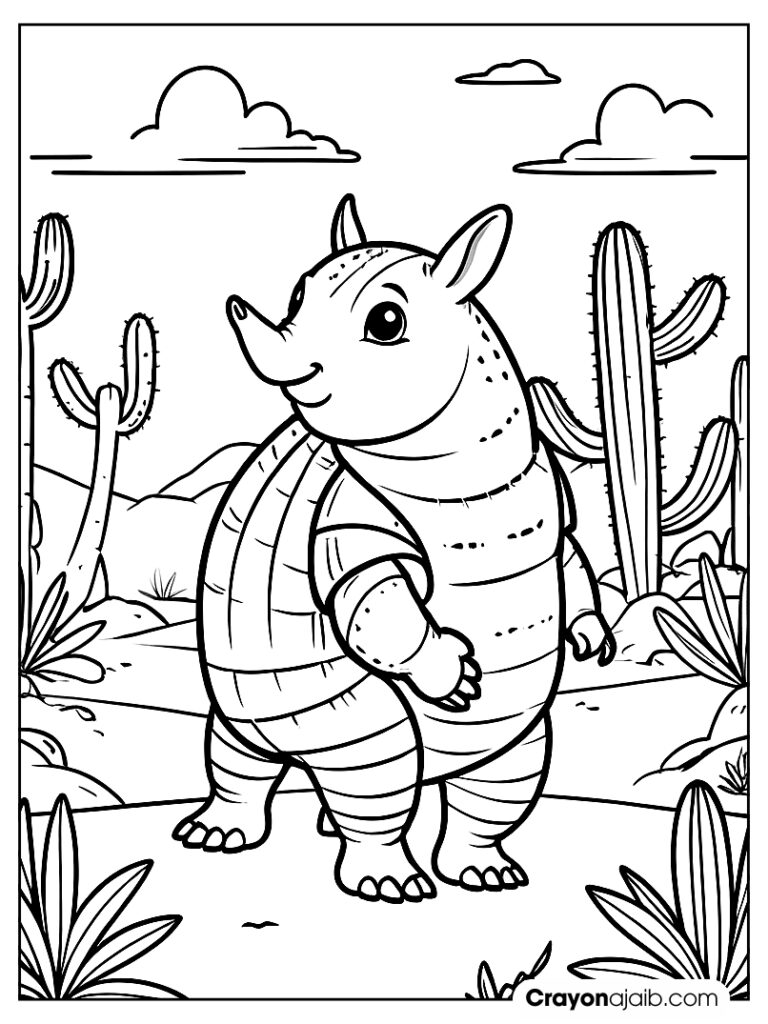 Armadillo with cacti in desert coloring page ca