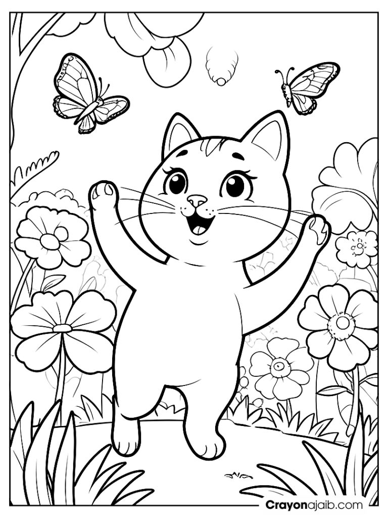 Cat chasing butterfly coloring page ca