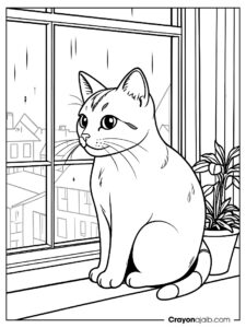 Cat watching rain coloring page ca