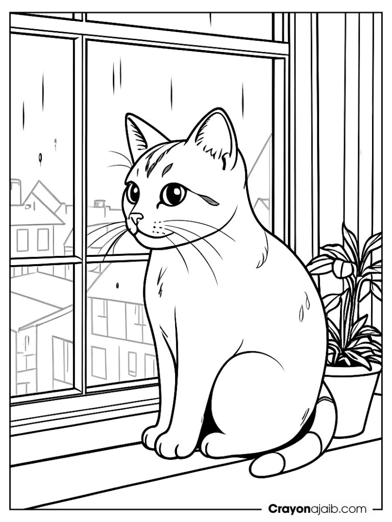 Cat watching rain coloring page ca