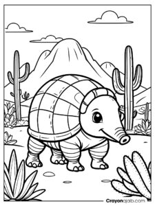 Curious armadillo desert scene coloring page ca