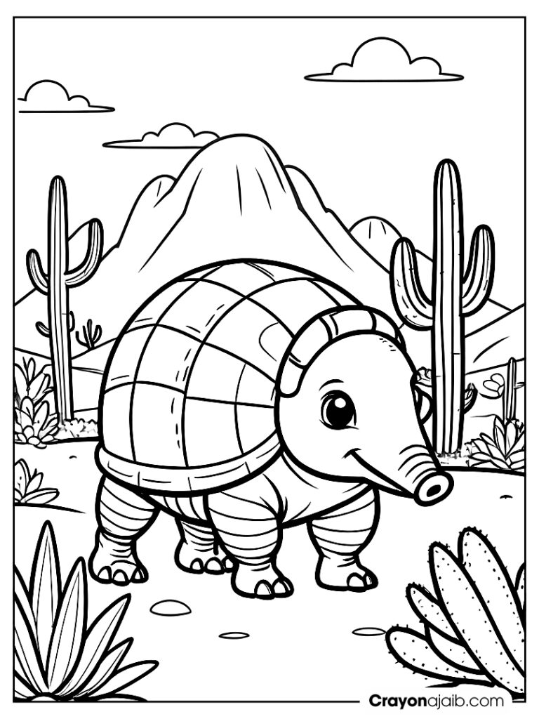 Curious armadillo desert scene coloring page ca