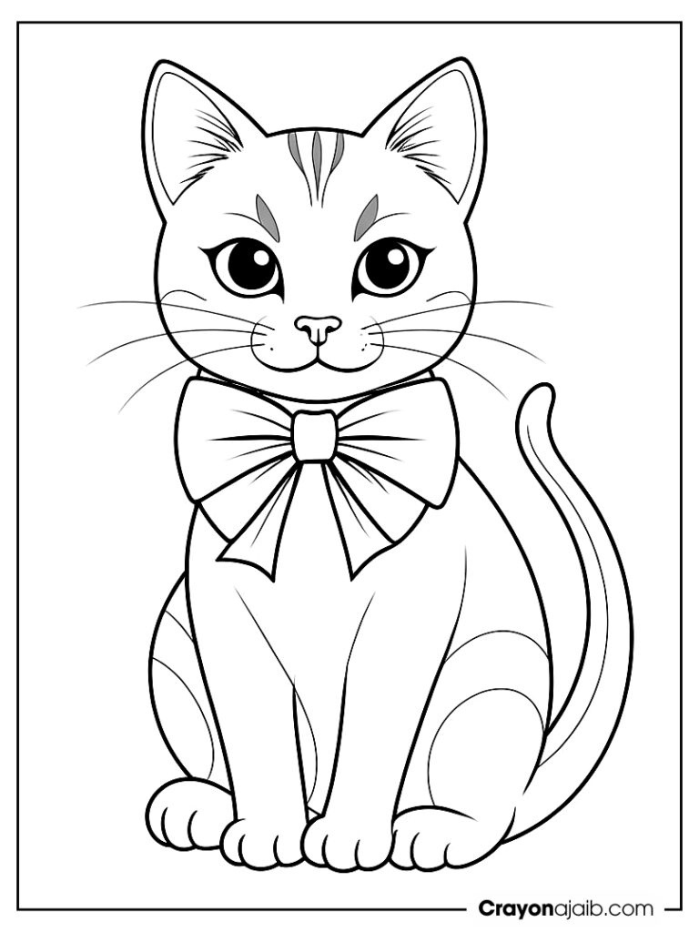 Cute bow wearing cat coloring page ca