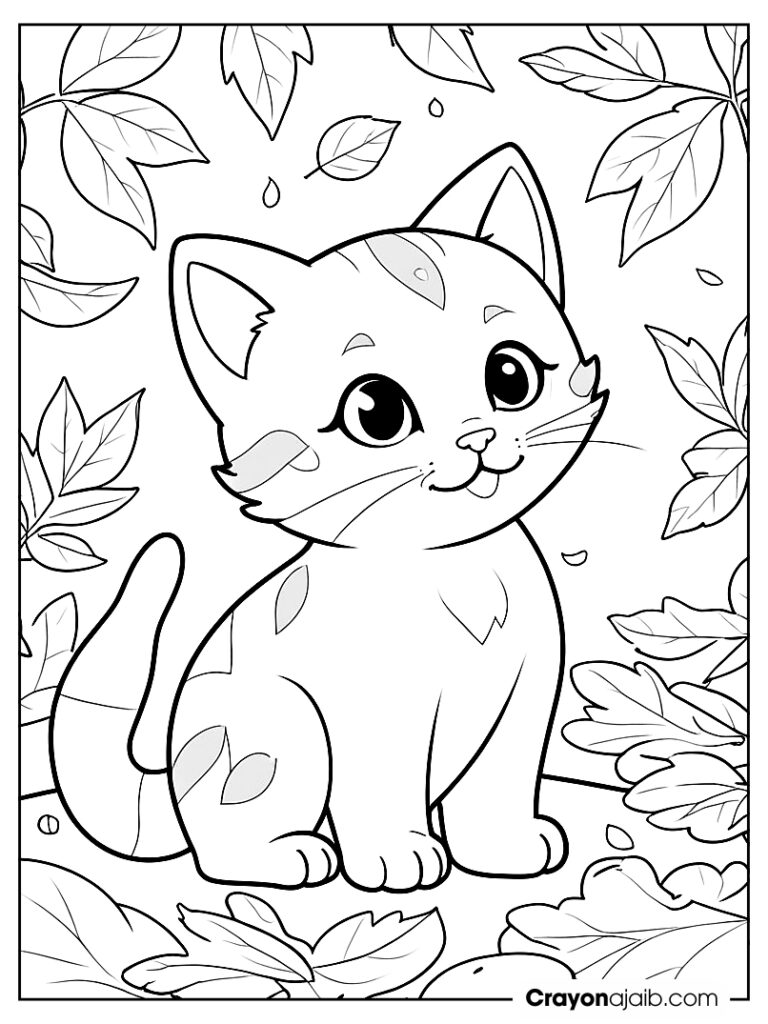 Cute cat in fall leaves coloring page ca