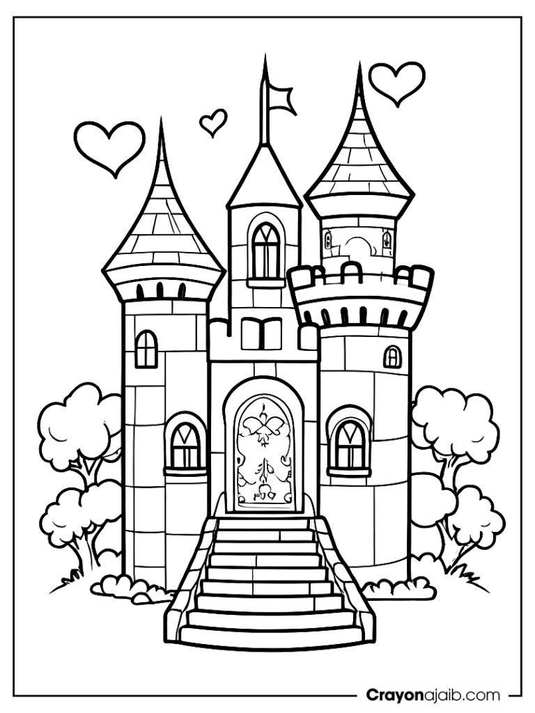 Fairy tale castle with heart windows and staircase crayonajaib