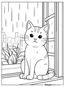 Indoor cat by window scene coloring page ca