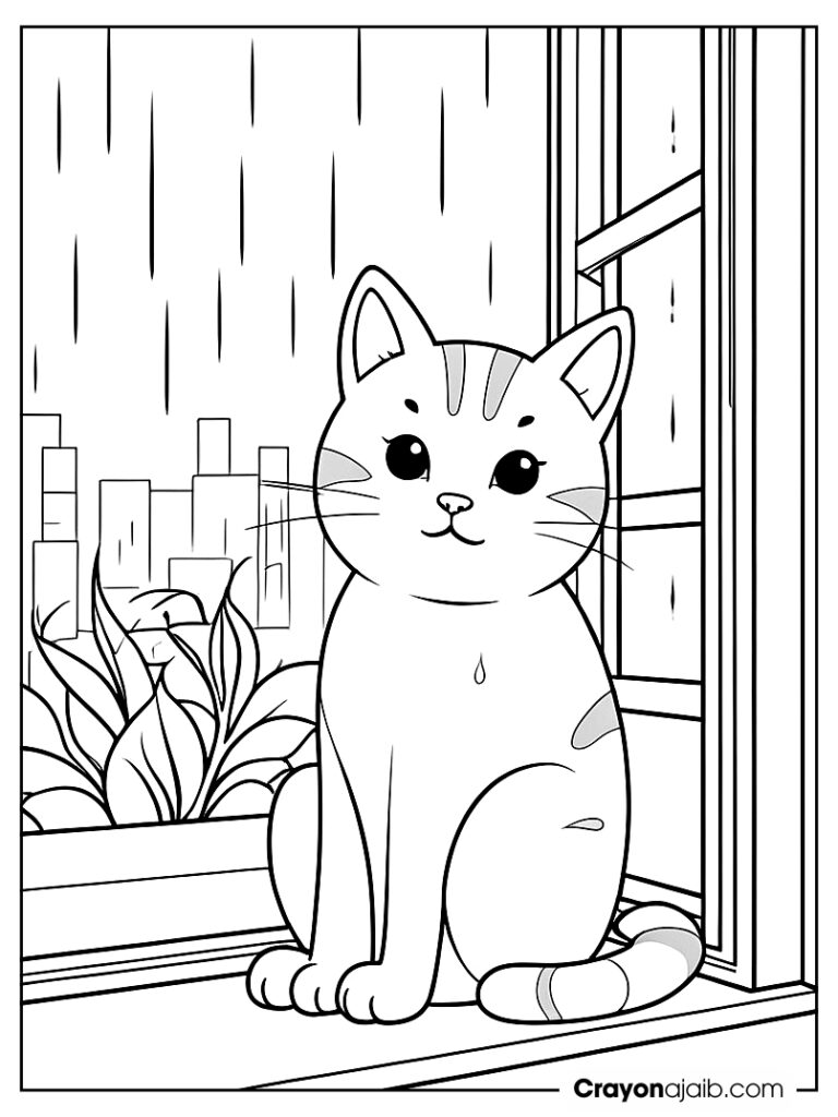 Indoor cat by window scene coloring page ca