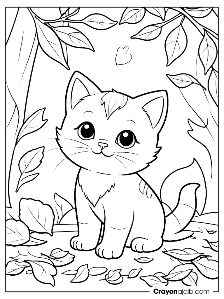 Kitten playing in leaves scene coloring page ca