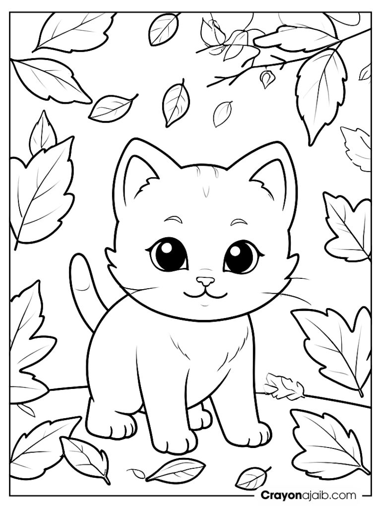 Kitten with autumn leaves coloring page ca