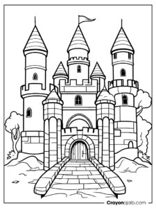 Large castle with three towers and drawbridge crayonajaib