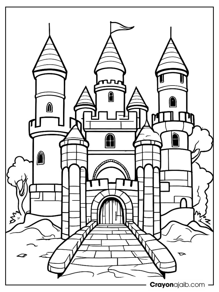 Large castle with three towers and drawbridge crayonajaib