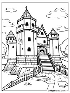 Medieval castle with watchtower and moat crayonajaib