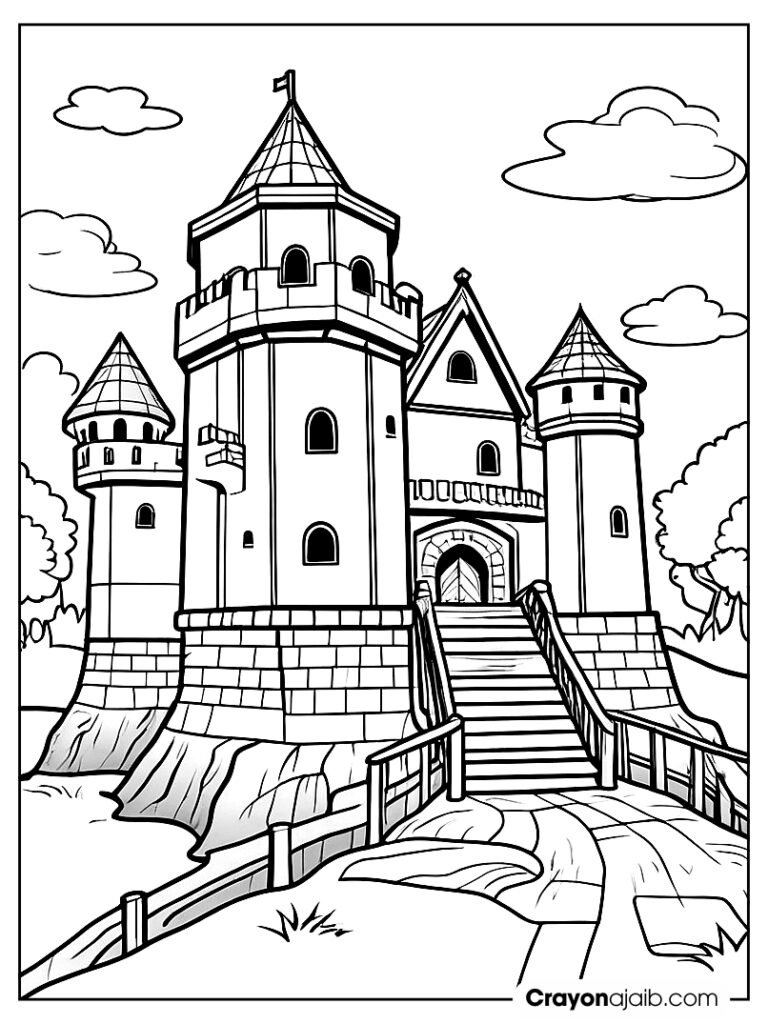 Medieval castle with watchtower and moat crayonajaib