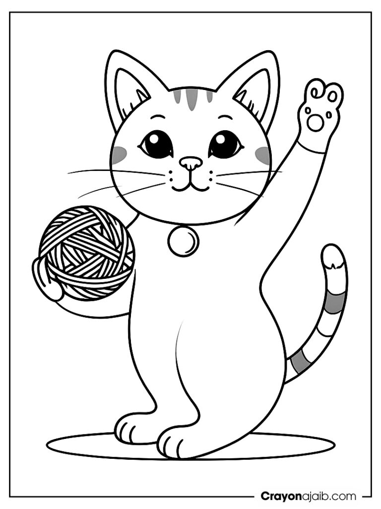 Playful cat with yarn ball coloring page ca