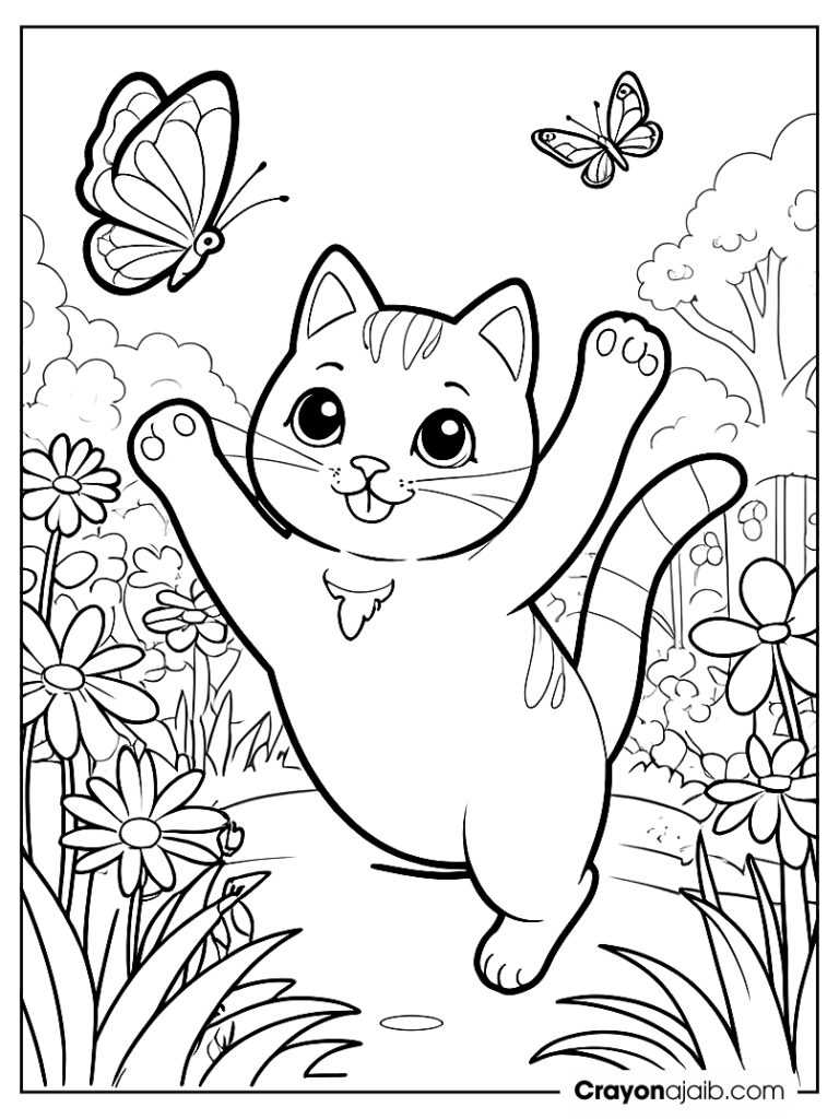 Playful garden cat coloring page ca