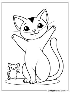 Stretching cat with mouse coloring page ca