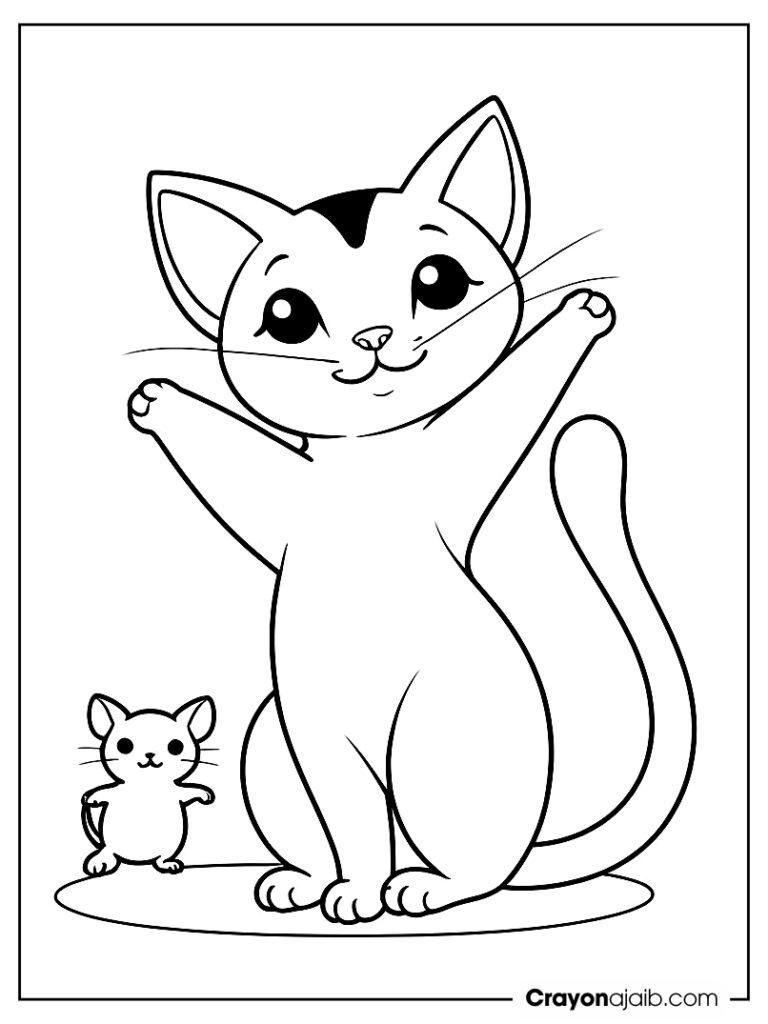 Stretching cat with mouse coloring page ca