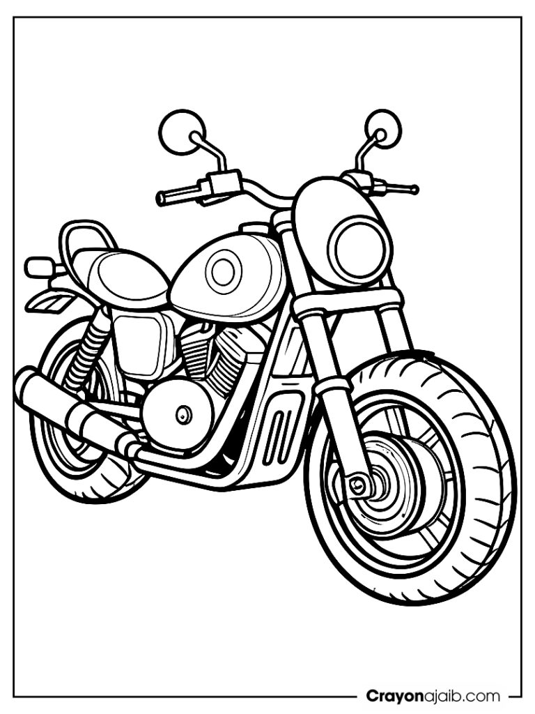 A cartoonish motorcycle with exaggerated wheels and a round fuel tank ca