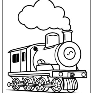 A smiling train with four wheels and a puff of smoke above the engine ca