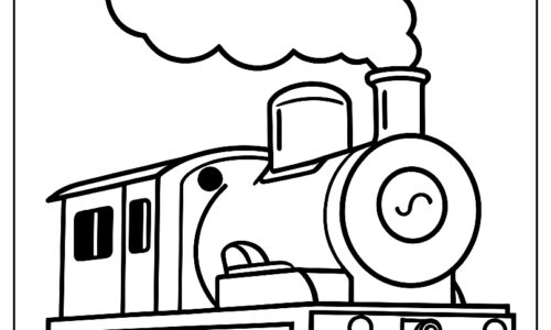 A smiling train with four wheels and a puff of smoke above the engine ca