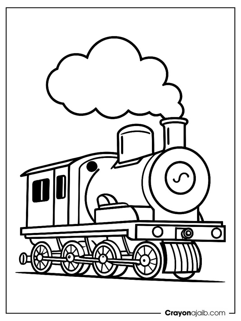 A smiling train with four wheels and a puff of smoke above the engine ca