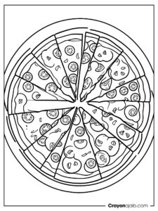 A whole pizza with eight slices arranged in a circle ca