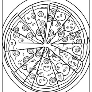 A whole pizza with eight slices arranged in a circle ca