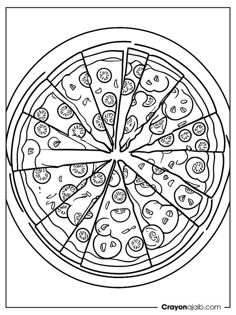 A whole pizza with eight slices arranged in a circle ca