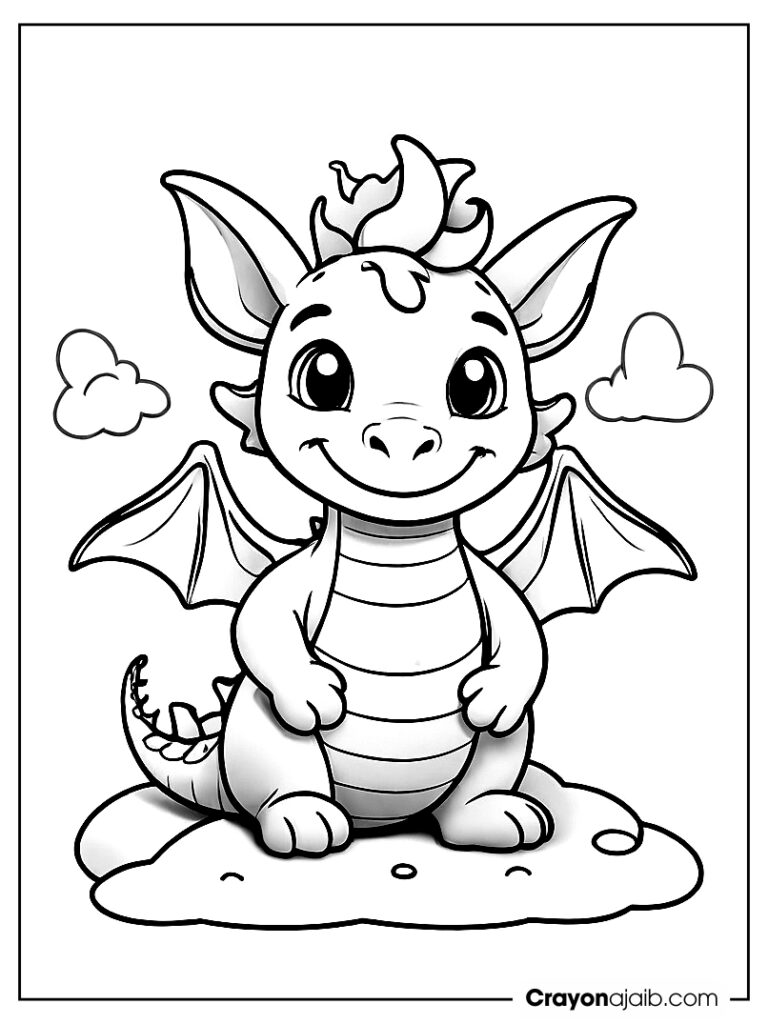 Adorable dragon sitting on a cloud crayonajaib