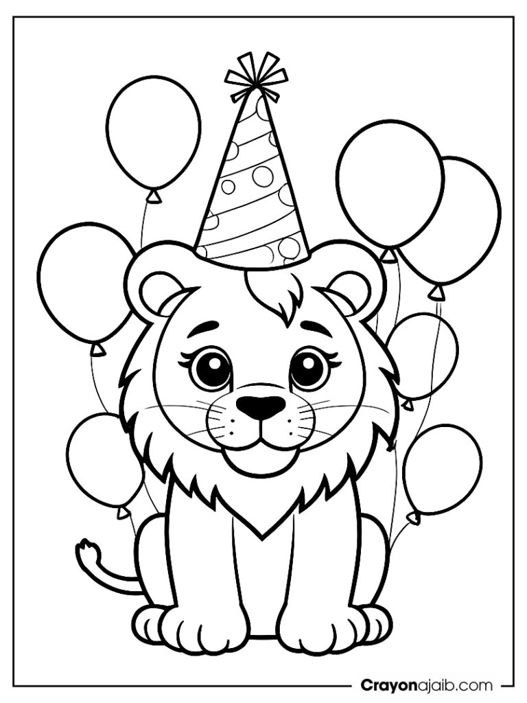 Celebration lion with balloons coloring page ca