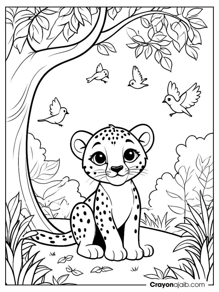 Cheetah and bird scene coloring page ca