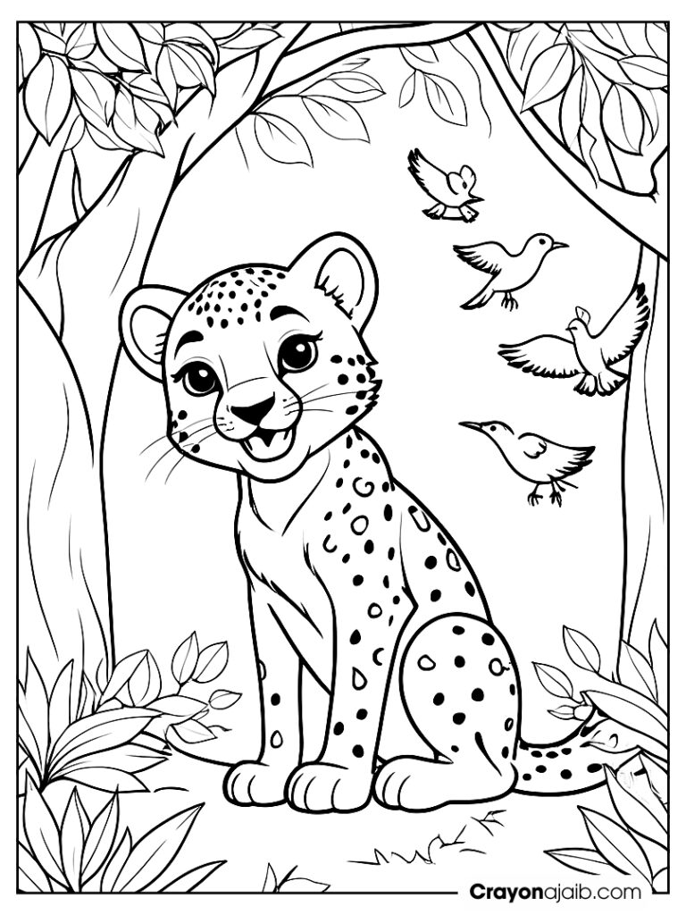 Cheetah and tree coloring page for kids ca