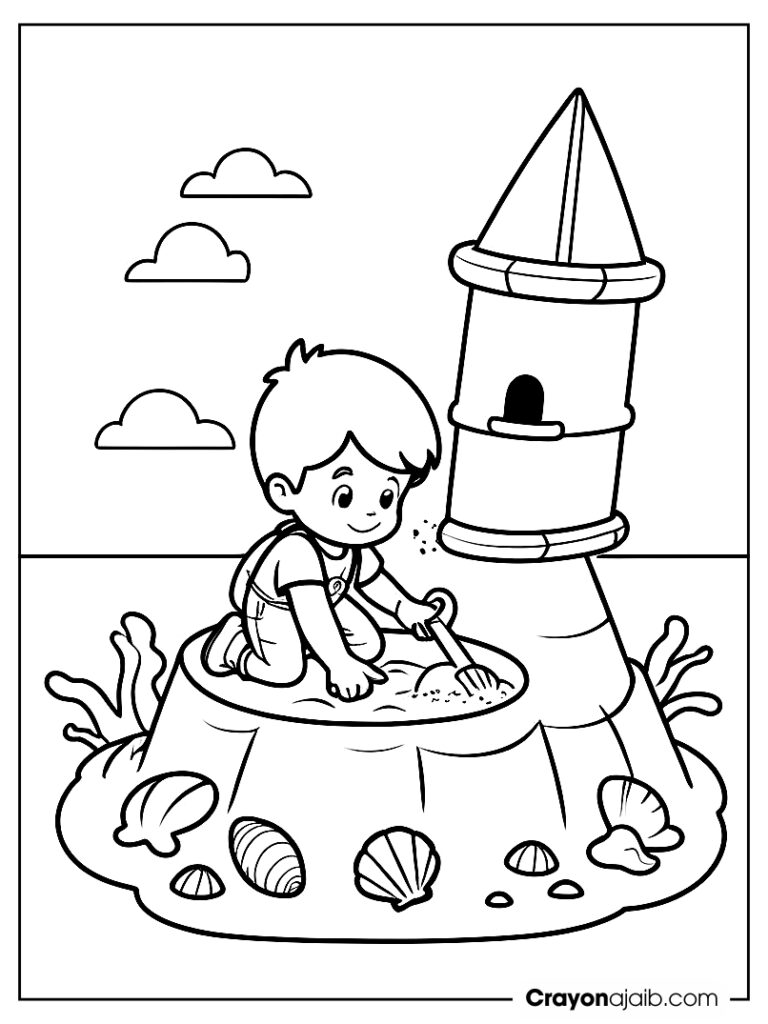 Child building sandcastle coloring page ca