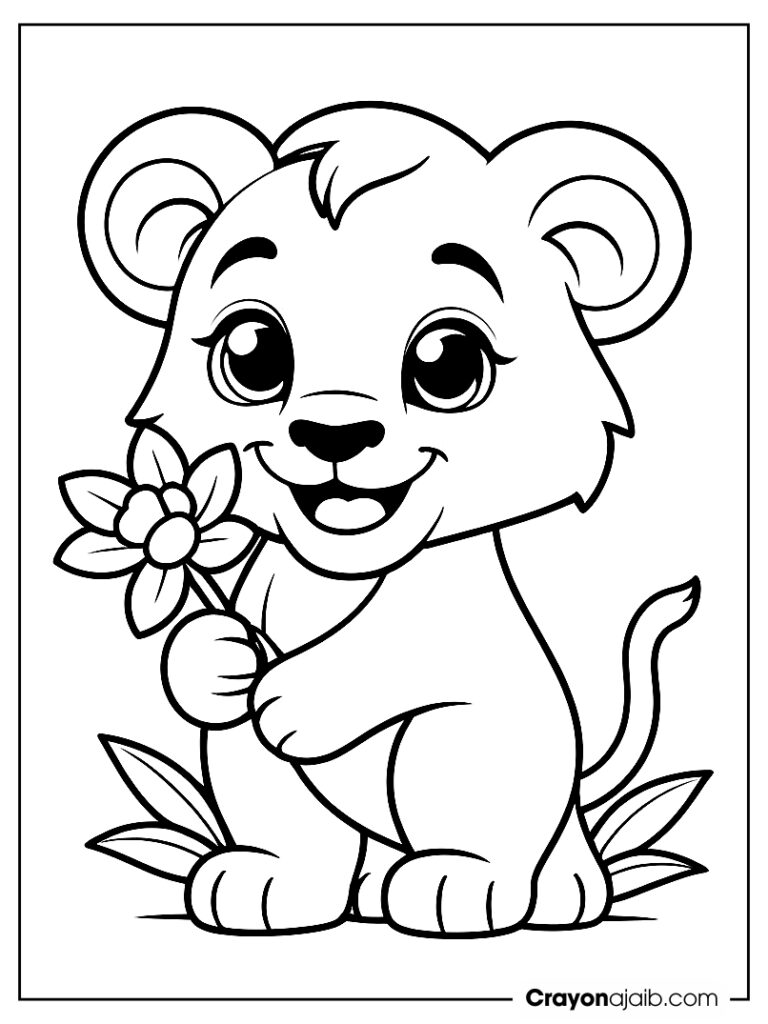 Cute lion cub with flower coloring page ca