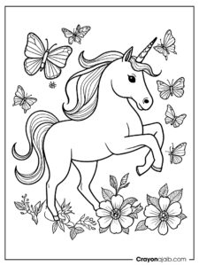 Dancing unicorn with butterflies and flowers crayonajaib