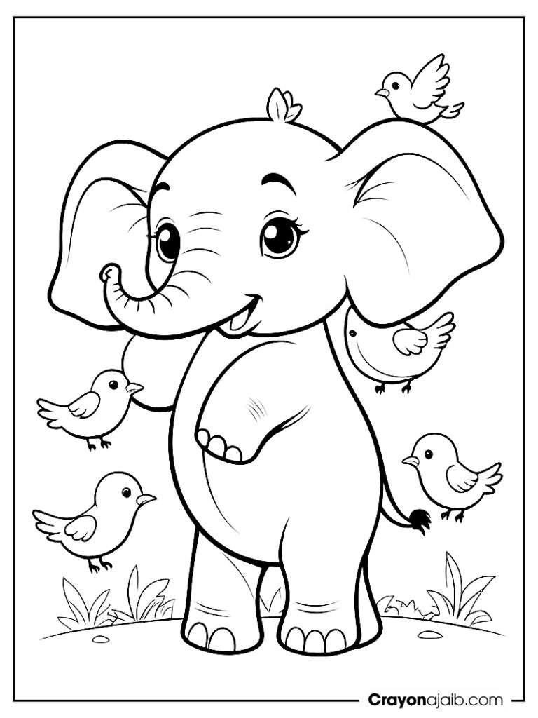 Elephant with birds coloring page ca