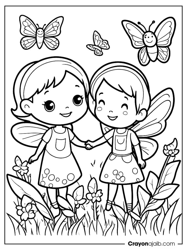 Fairies playing with a butterfly in a meadow crayonajaib