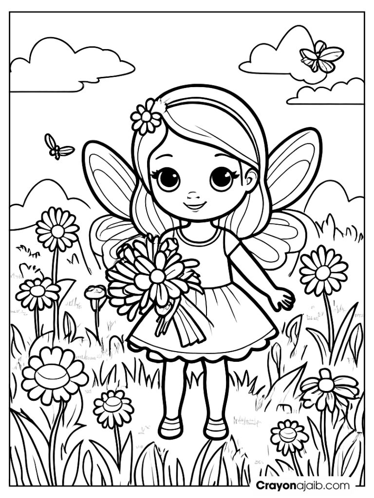 Fairy holding flowers in a daisy field crayonajaib