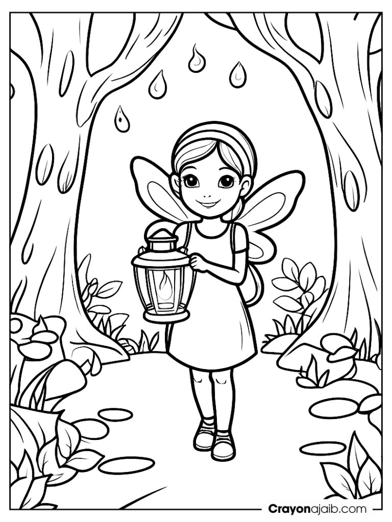 Fairy walking in a magical forest crayonajaib