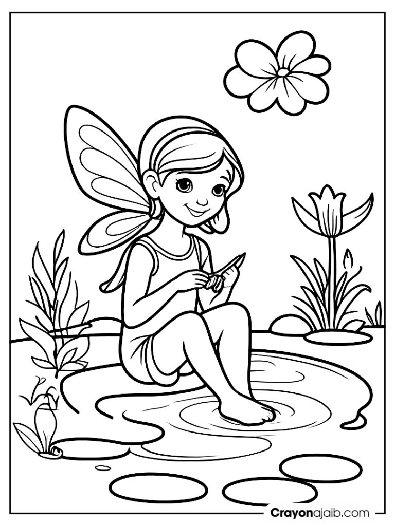 Fairy by the pond with flower crayonajaib