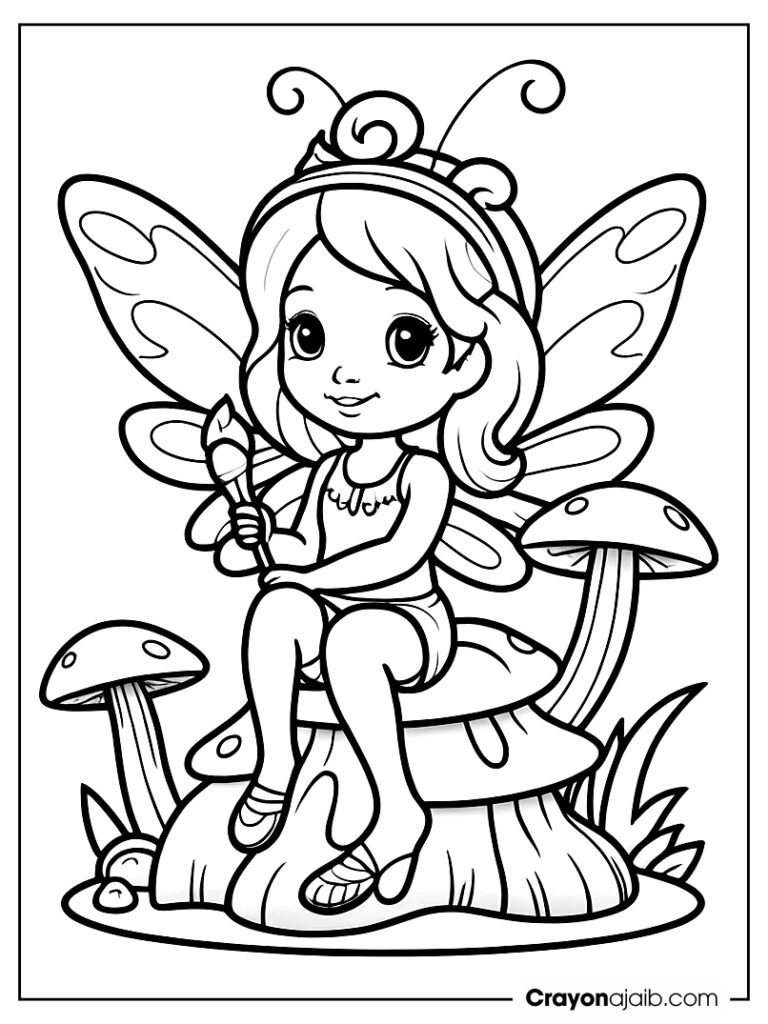 Fairy on a mushroom with magic wand crayonajaib