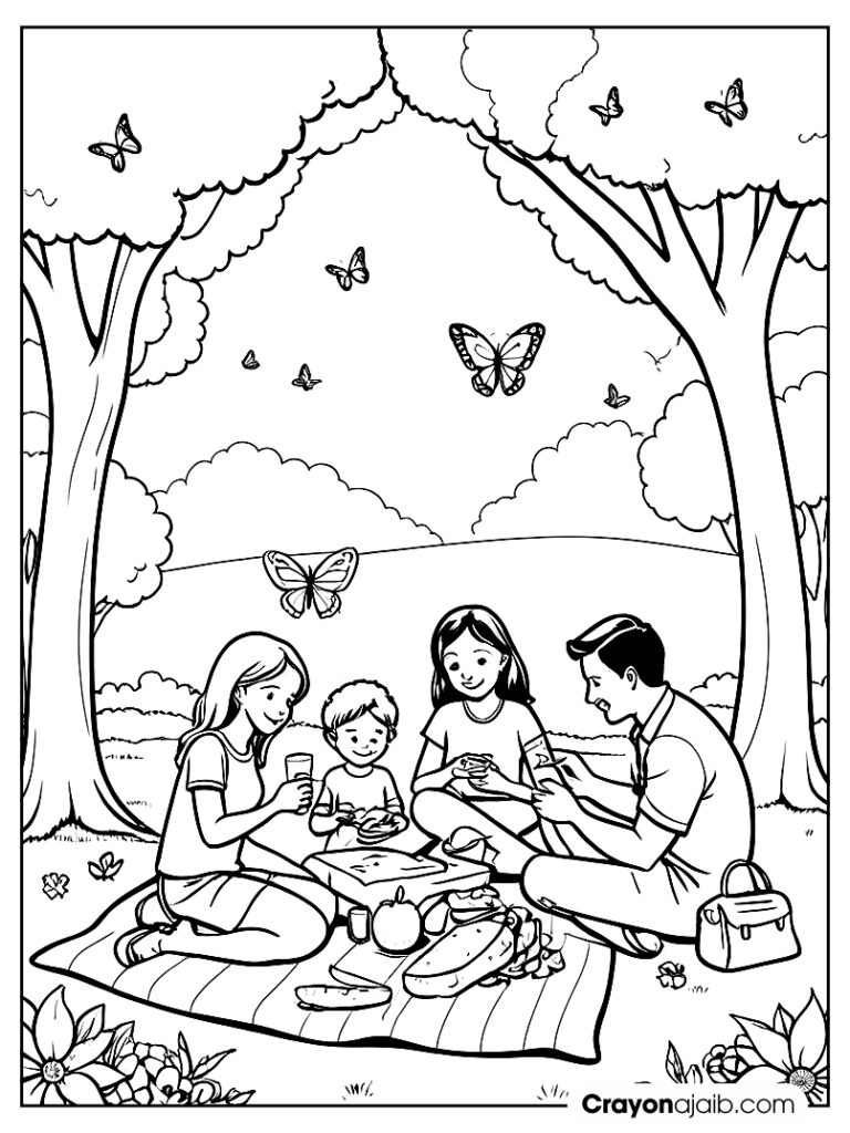 Family picnic coloring page for kids ca