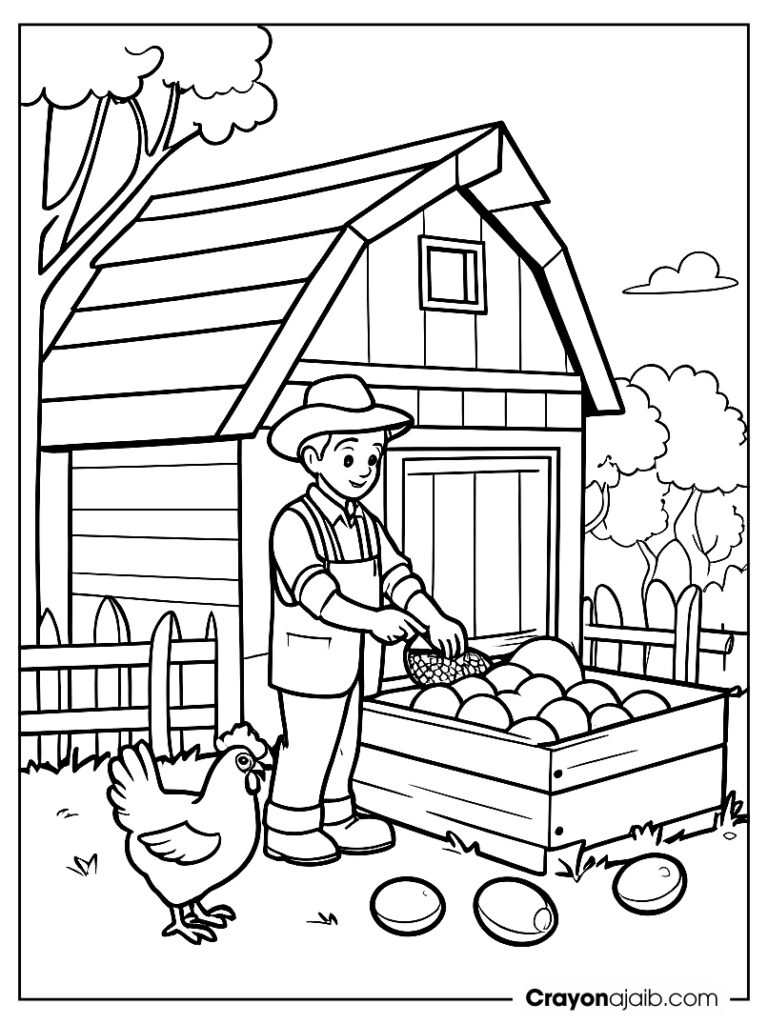 Farmer collecting eggs in the chicken coop coloring pages ca