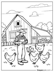 Farmer feeding chickens coloring page ca