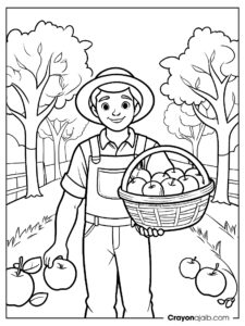 Farmer picking apples coloring sheet ca