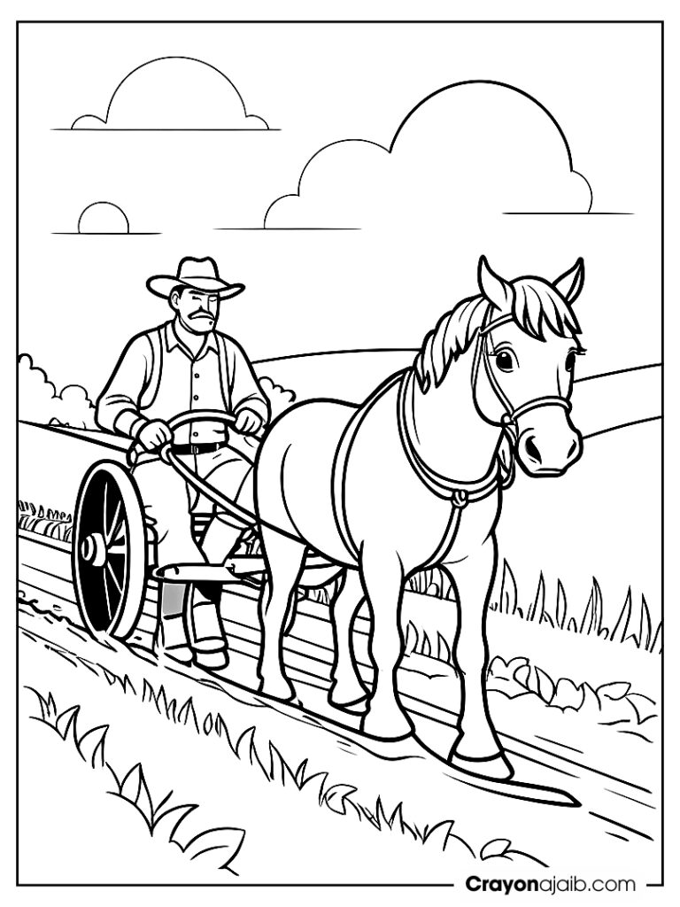 Farmer with horse plowing coloring page ca