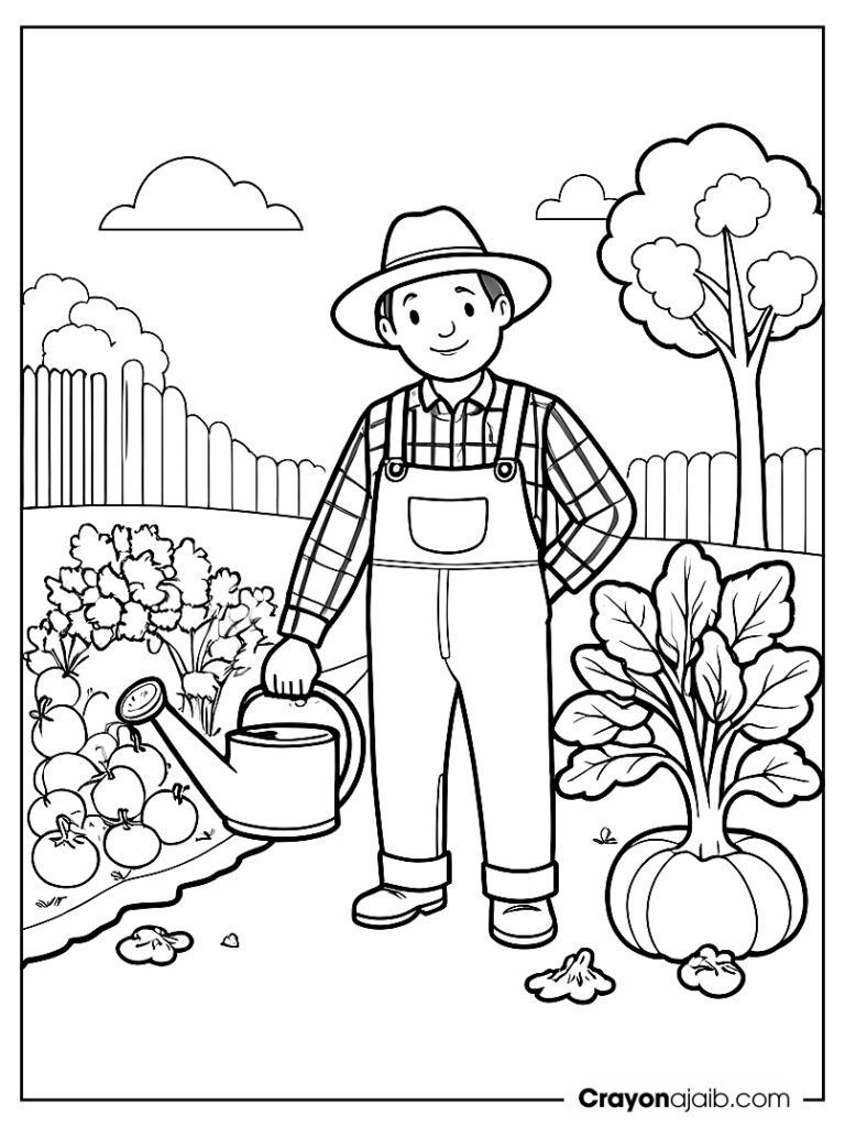 Farmer with watering can coloring sheet ca