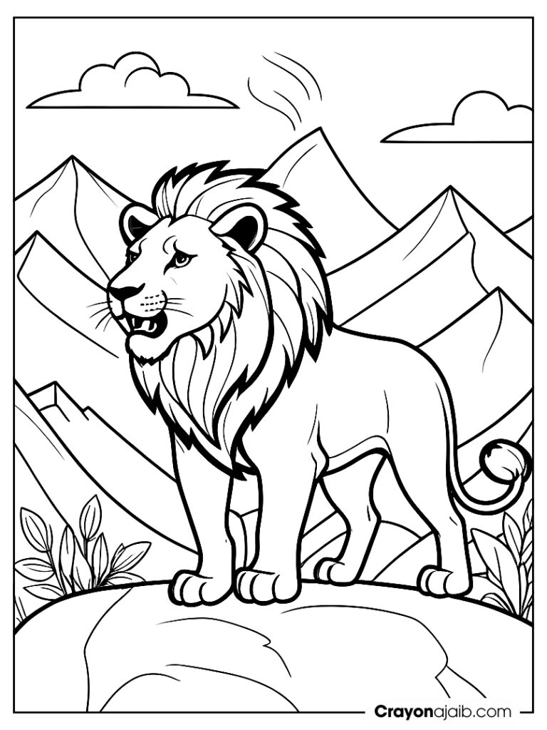 Fierce lion with mountain scene coloring page ca