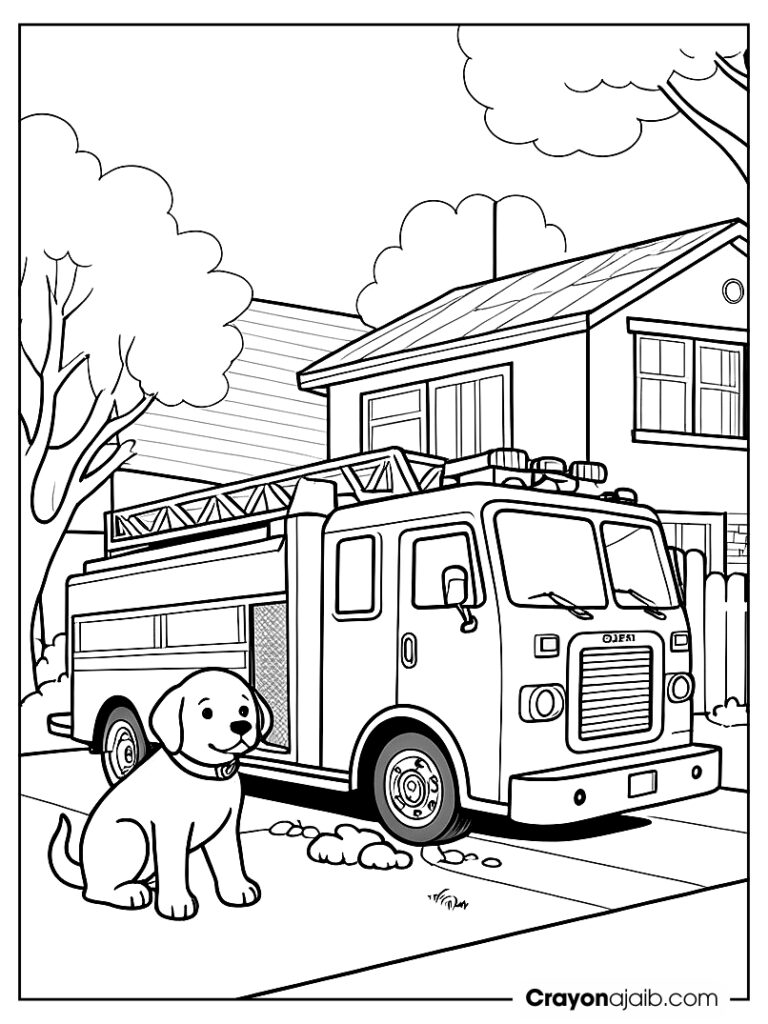 Fire truck by the house with puppy ca